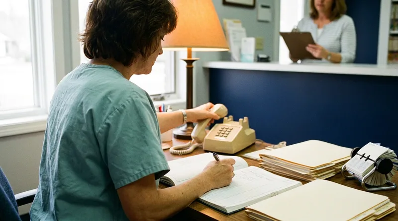 Dental receptionist writing in a paper appointment book while a desk phone rings and a patient waits at the counter