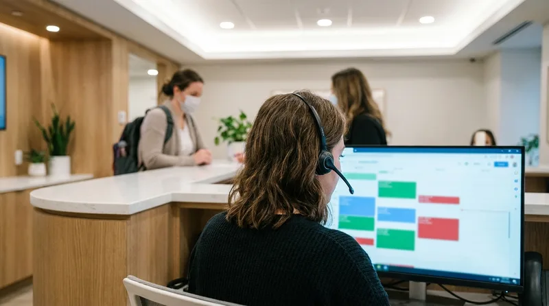 Dental front desk coordinator reviewing a queue of patient calls and appointment requests on a monitor
