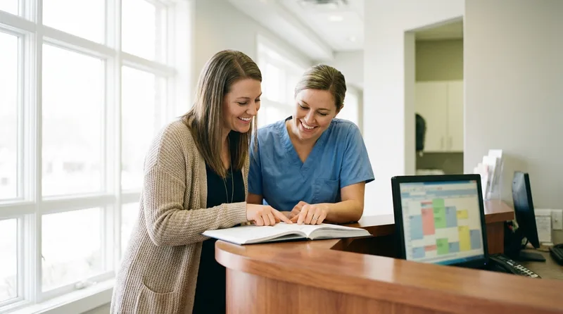 Dental front desk coordinator and hygienist reviewing the daily appointment schedule together
