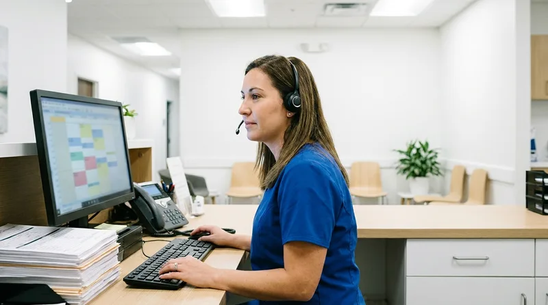 Dental receptionist multitasking with phone and scheduling software at a busy front desk