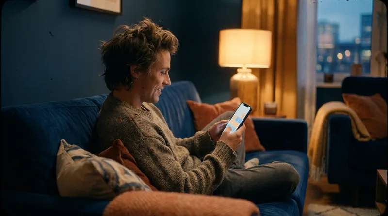 Patient on a living room sofa in the evening booking a dental cleaning on a smartphone after office hours