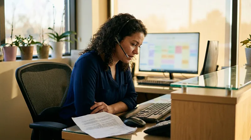 Dental receptionist wearing a headset calmly answering a post operative patient call at a modern front desk