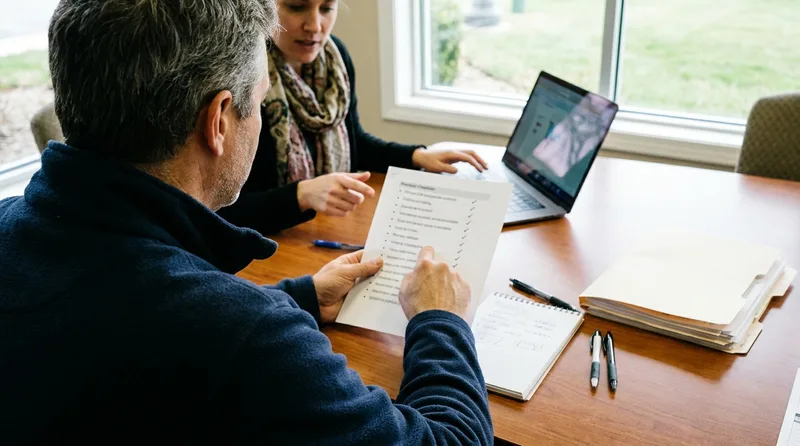 Practice owner and office manager reviewing a vendor evaluation checklist together