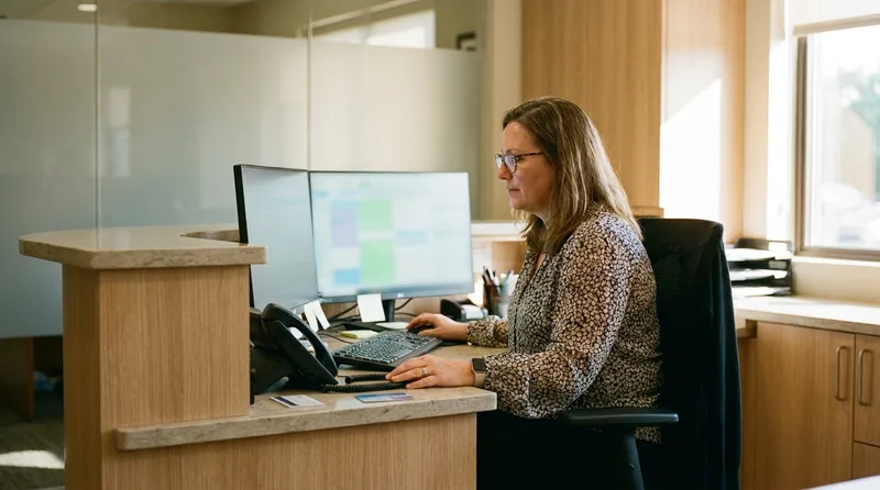 Dental front desk coordinator reviewing an out of network insurance plan on a computer screen