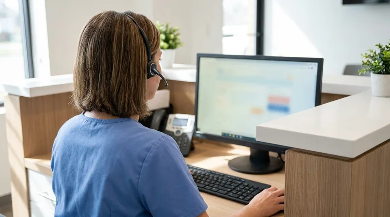 Dental receptionist with headset viewing a patient record screen pop during an incoming phone call