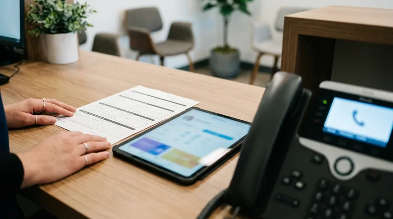 Insurance paperwork and a tablet on a dental reception counter beside a ringing desk phone during patient check-in