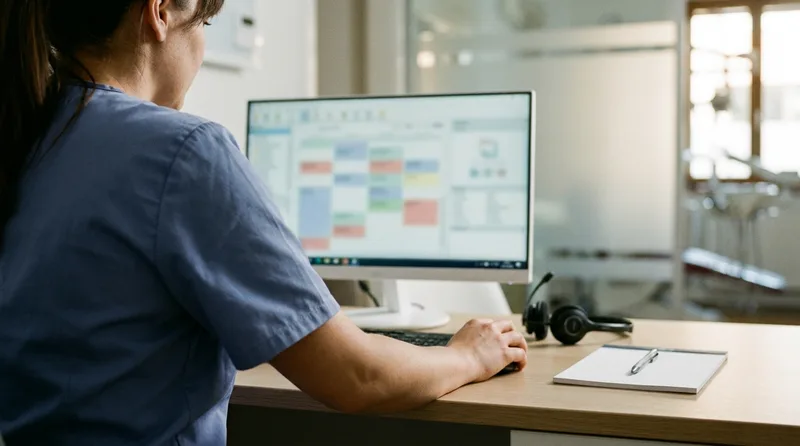 Office manager reviewing a categorized call routing list on a desktop monitor