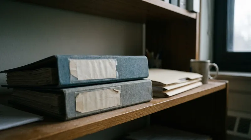 Two separate labeled document folders on an office shelf representing distinct compliance policies