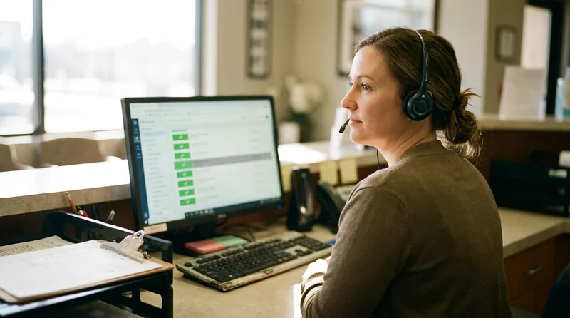 Dental front desk coordinator with a headset reviewing a patient contact list where one patient has been removed from outbound calls