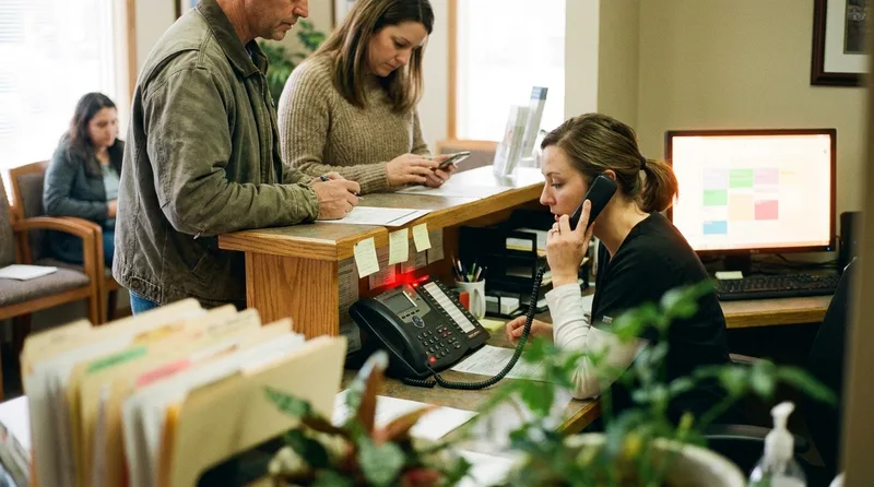 Dental office receptionist juggling a phone call while patients wait at the front desk