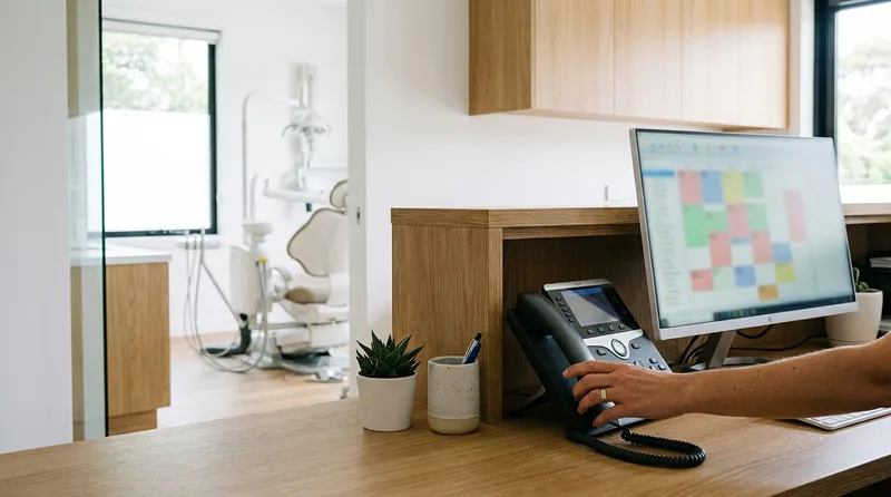 Reception desk phone beside a monitor showing an appointment calendar, illustrating how the dental schedule guides each routine call