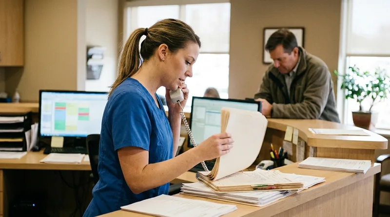Dental front desk coordinator on the phone with a lab call while a patient waits at check-in