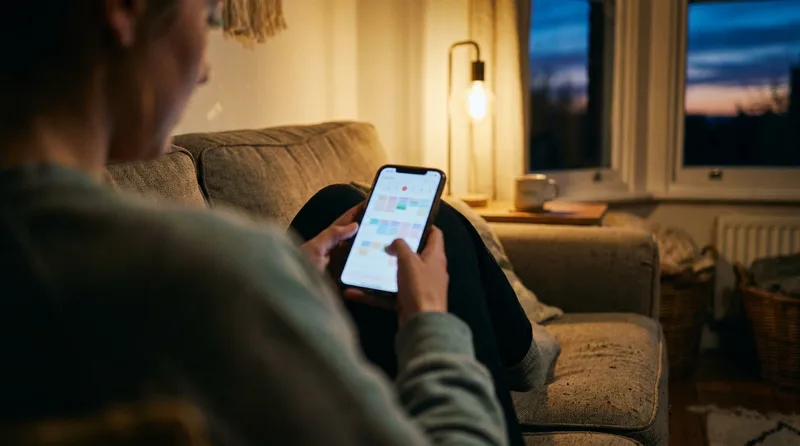 Patient choosing a dental appointment time on a smartphone calendar at home in the evening, after office hours