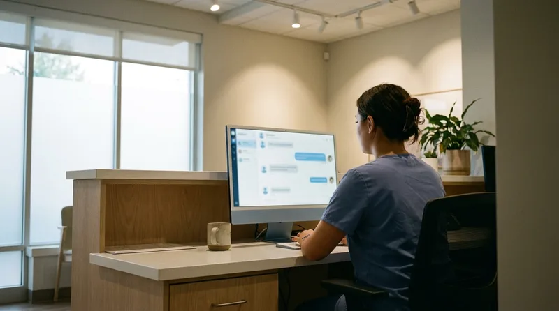 Dental office coordinator reviewing an AI-assisted patient messaging conversation on a front desk monitor