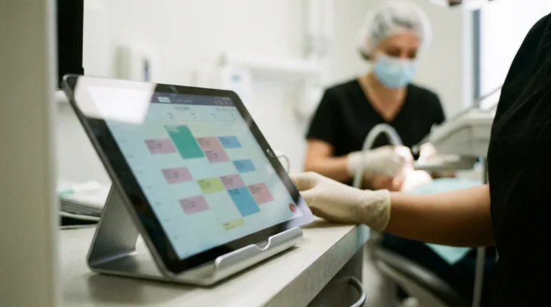Dental scheduling tablet displaying staggered two-hour hygiene blocks reserved across the week