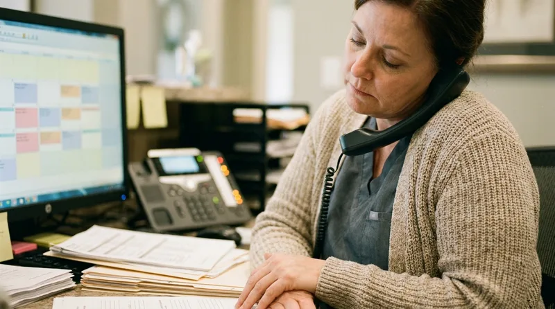 Dental front desk coordinator juggling phone calls and insurance paperwork at a busy reception desk