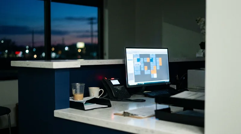 Empty dental front desk after hours with a monitor showing an appointment calendar filling up beside a desk phone