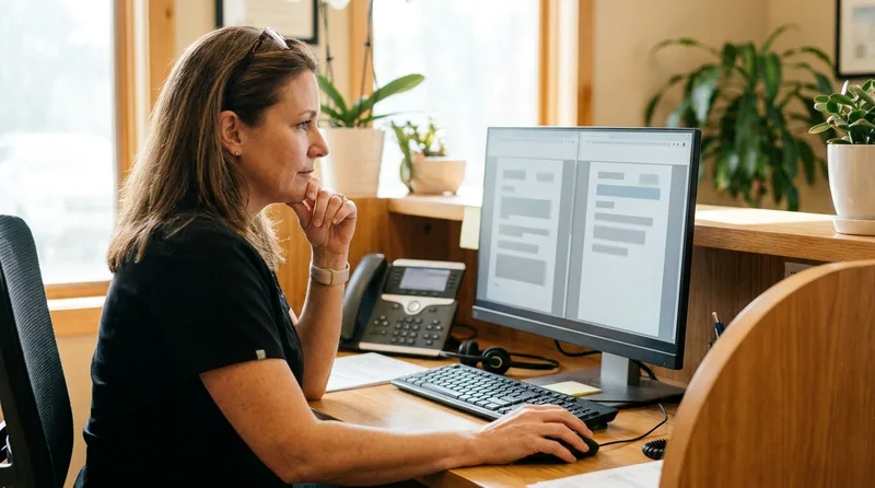 Dental office manager and staff member reviewing a change log document on a laptop before publishing an AI receptionist prompt update
