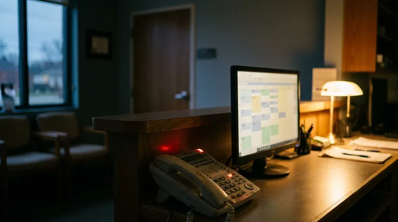 Dental front desk phone with a missed call light beside an appointment schedule with open slots after closing