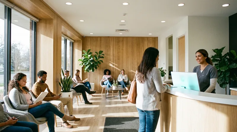 Busy but organized dental practice reception area with patients waiting and a staff member greeting a new arrival