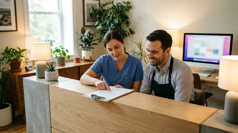Two front desk staff members reviewing a printed call routing checklist together