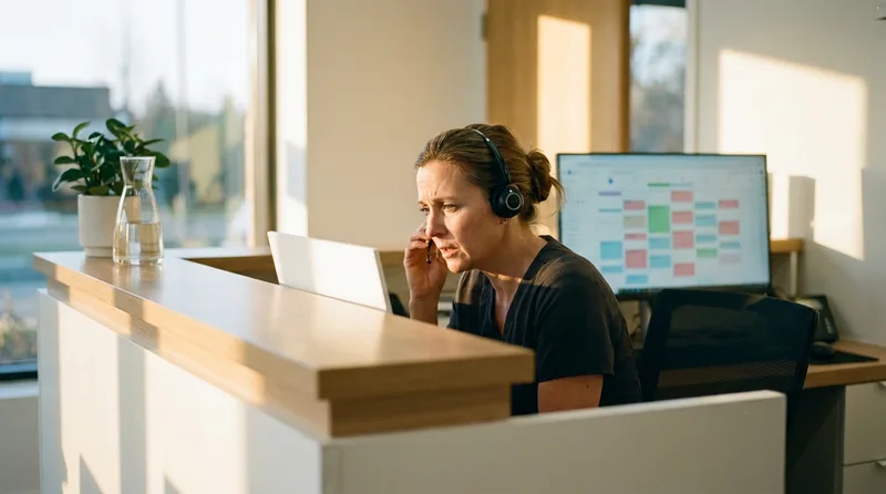 Dental front desk team member in a headset warmly answering an incoming patient call at reception