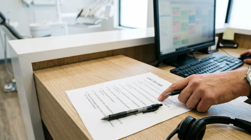 Printed call script beside a keyboard at a dental front desk, used for onboarding a new front desk employee