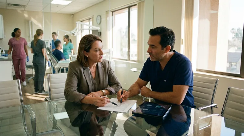 Dental office manager and dentist reviewing a rollout checklist and call-volume report together