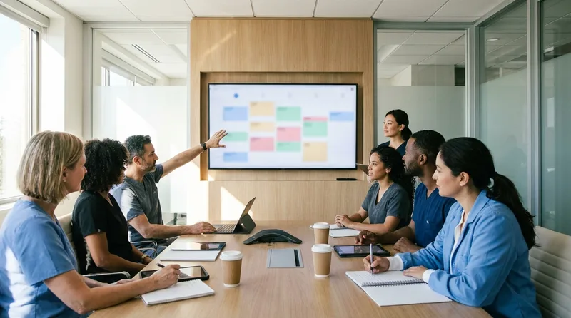 Dental front desk team taking notes during an AI receptionist software demo in a bright meeting room