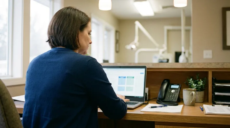 Dental office manager evaluating an AI phone system checklist on a laptop