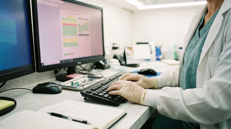 Close-up of dental staff entering lab case details into practice management software