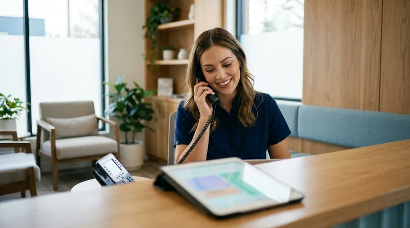 Dental office receptionist calmly handling a call while a second line is covered automatically