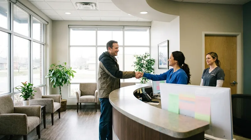 Dental front desk team member warmly greeting a patient at the reception counter in a bright waiting area