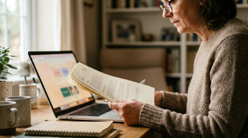 Patient reviewing a printed records request letter alongside a laptop at home