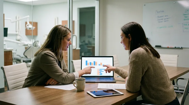 Dental practice owner and office manager comparing digital marketing channel results on a laptop