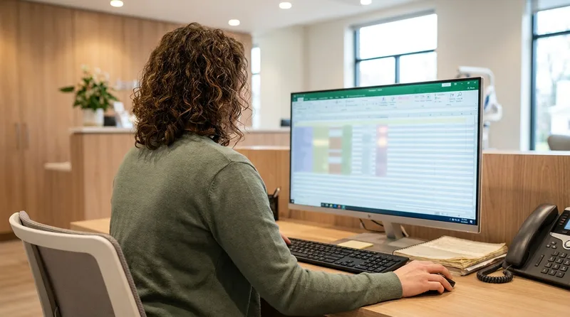 Dental office manager reviewing patient language preferences on a monitor to plan multilingual call coverage