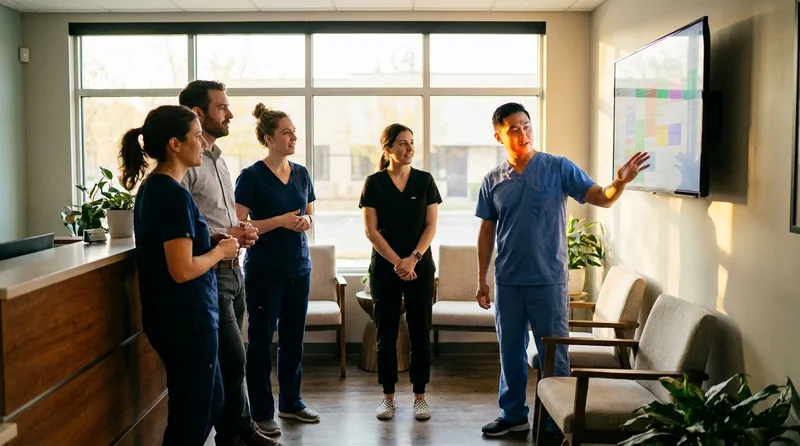 Dental practice team in a morning huddle assigning ownership for booking corrections and recovery calls