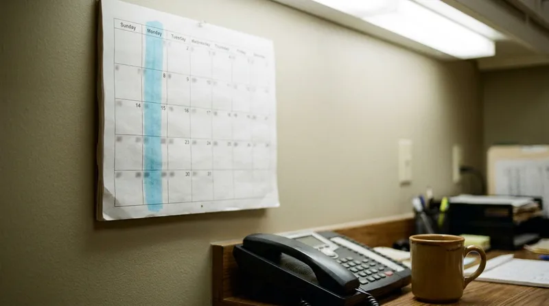 Wall calendar in a dental front office with the Monday column highlighted above a desk phone