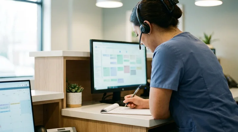 Dental front desk coordinator on a phone call checking a patient record before confirming caller identity