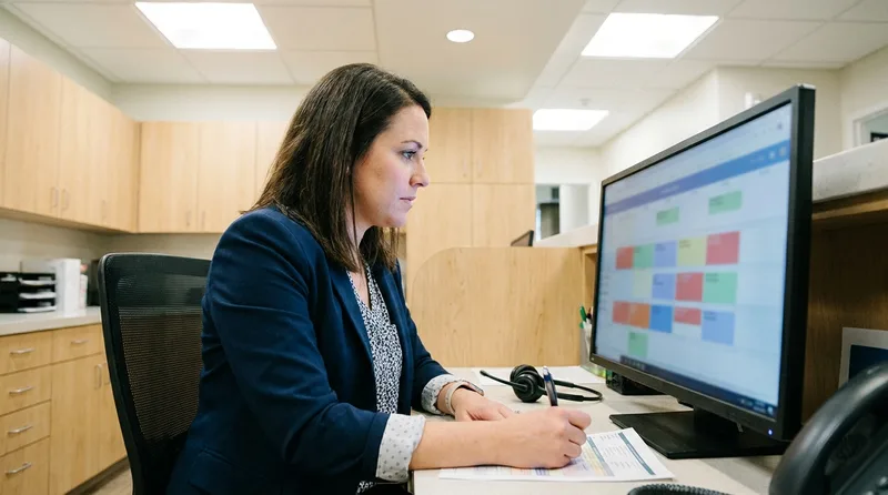 Dental scheduling coordinator comparing a printed daily schedule against color-coded appointment columns on a practice management monitor