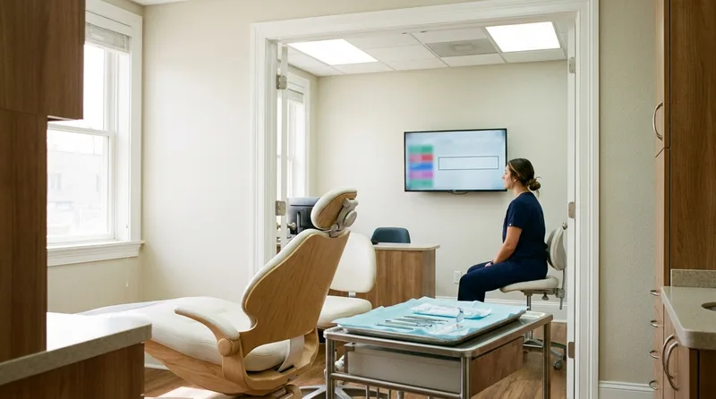 Empty dental treatment chair ready for a patient while a front desk coordinator reviews an open slot on the schedule