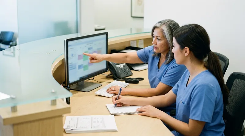 A senior team member training a new hire at a dental reception counter beside the practice phone