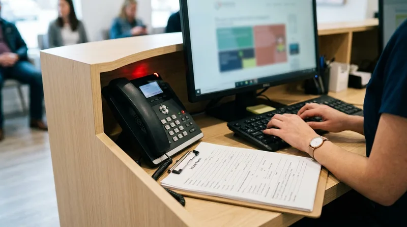 Front desk coordinator checking in a patient while the desk phone rings unanswered at a busy dental office