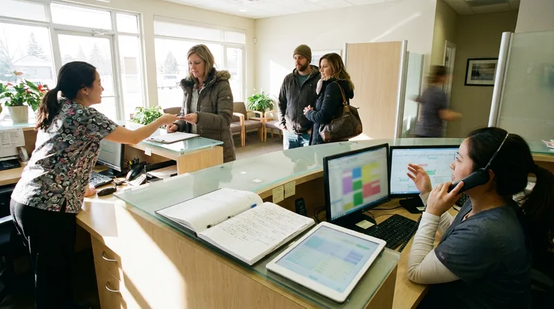 Busy dental office front desk on a Monday morning with staff answering phones and checking in patients
