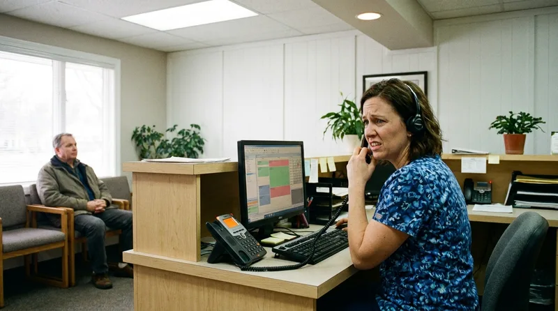 Dental front desk coordinator answering a call while a patient waits at the counter