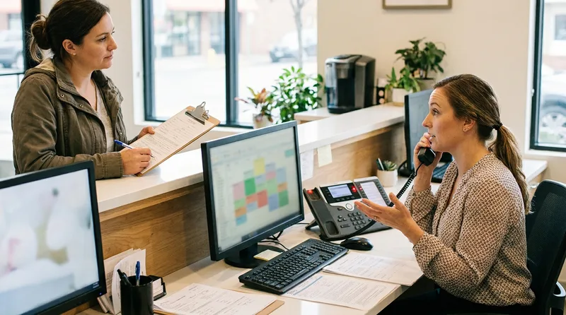 Dental front desk coordinator on the phone while a second line rings and a patient waits at the counter