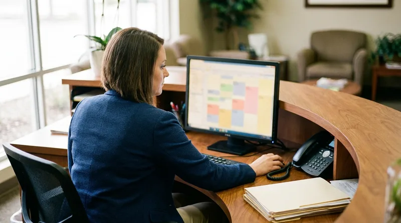 Dental office coordinator reviewing a multi-provider schedule on a desktop monitor