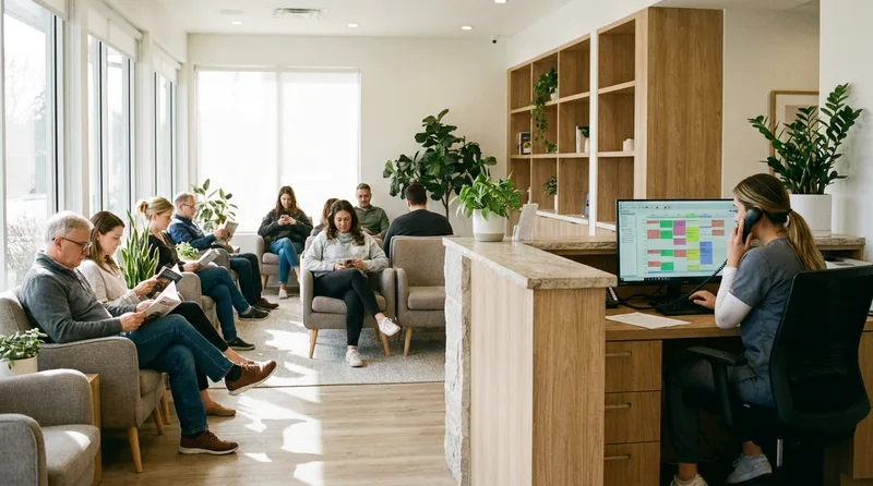Busy dental reception area with patients seated and one staff member calmly running the front desk with a full schedule on screen