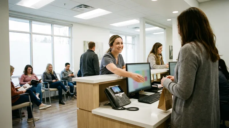 Dental front desk coordinator helping a patient at the counter while office phone lines wait