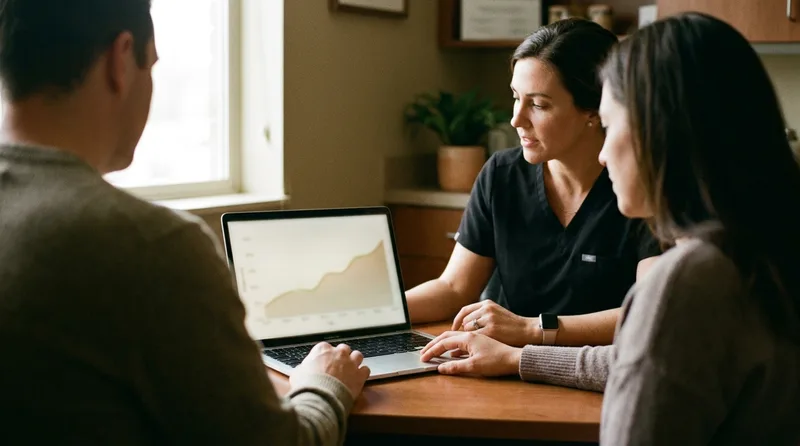 Patient and provider reviewing a kidney function trend chart together on a laptop screen